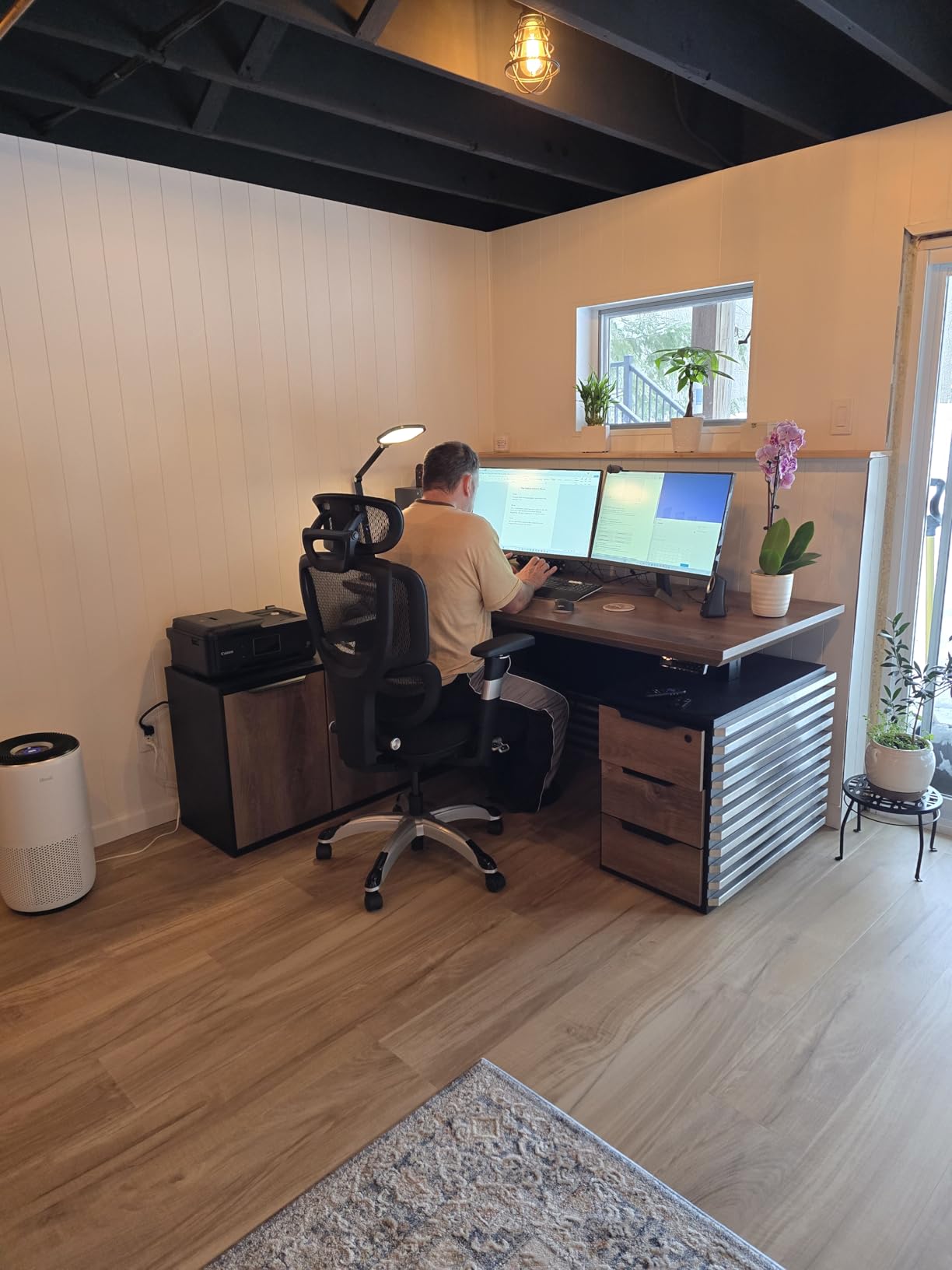 SAINTCY 70.87In L Shaped Executive Standing Desk with Drawers, Large Modern Adjustable Heigh Home Office Desk w/Universal Charging Ports, Business Workstation, Black and Warm Oak customer photo 1