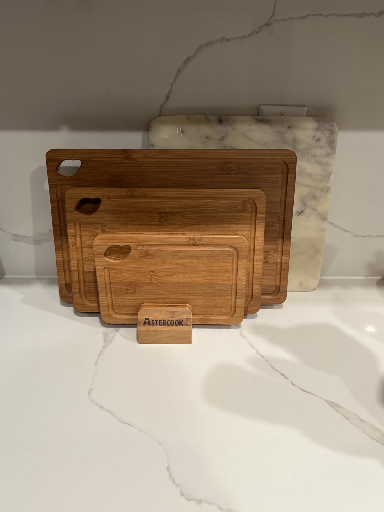 Astercook Deep-Carbonized Bamboo Cutting Boards for Kitchen with Wood Storage Stand, Reversible Charcuterie & Chopping Boards with Juice Grooves and Easy-Grip Handles, Fathers Day Gift for Men customer photo 1