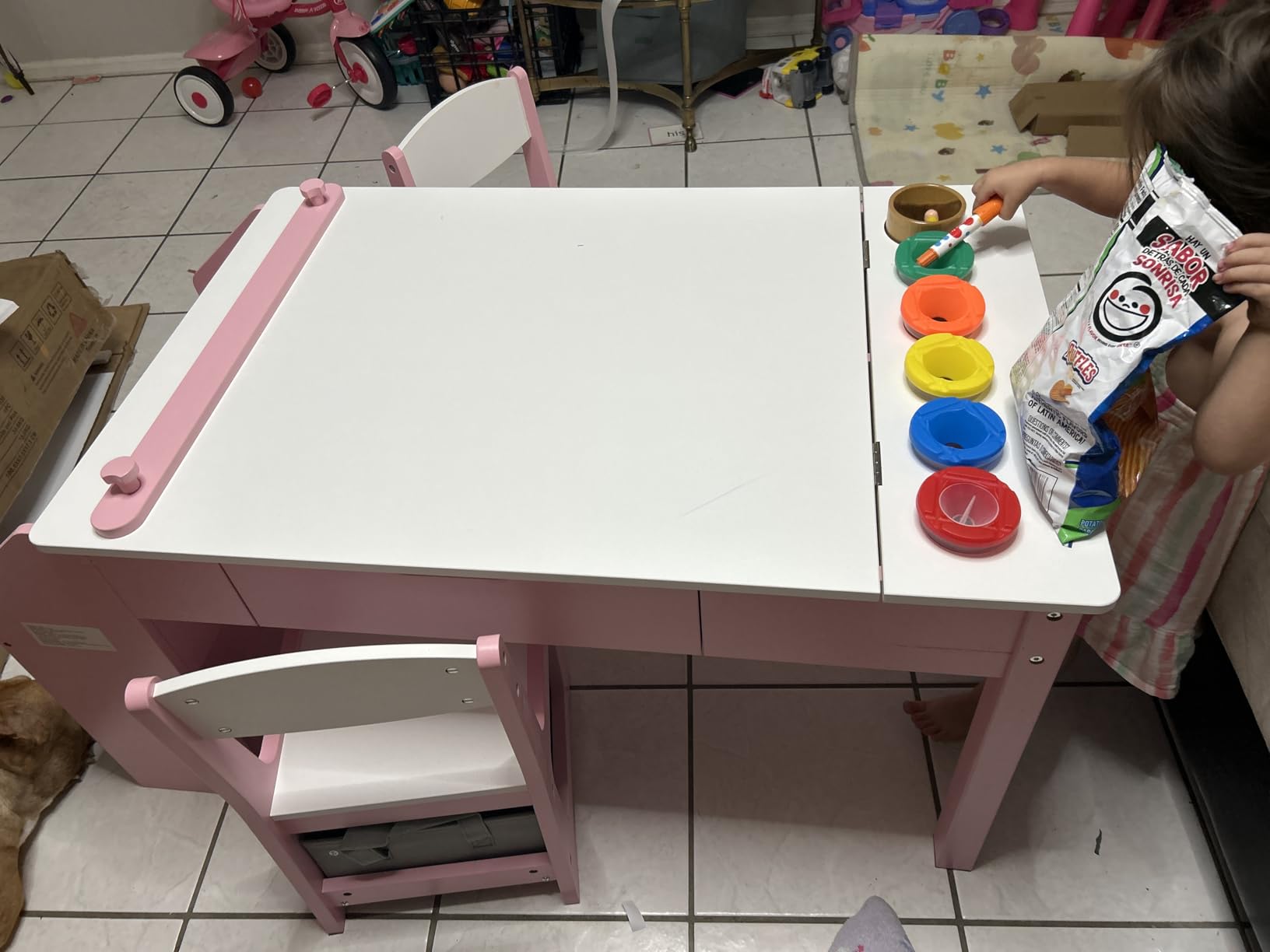 5-in-1 Kids Art Table and Chairs, Toddler Table and Chair Set, Craft Play Desk for Kids, Convertible Art Easel with Paper Roll Holder & Storage Drawers, Children Activity Learning Center - Nature Wood customer photo 1