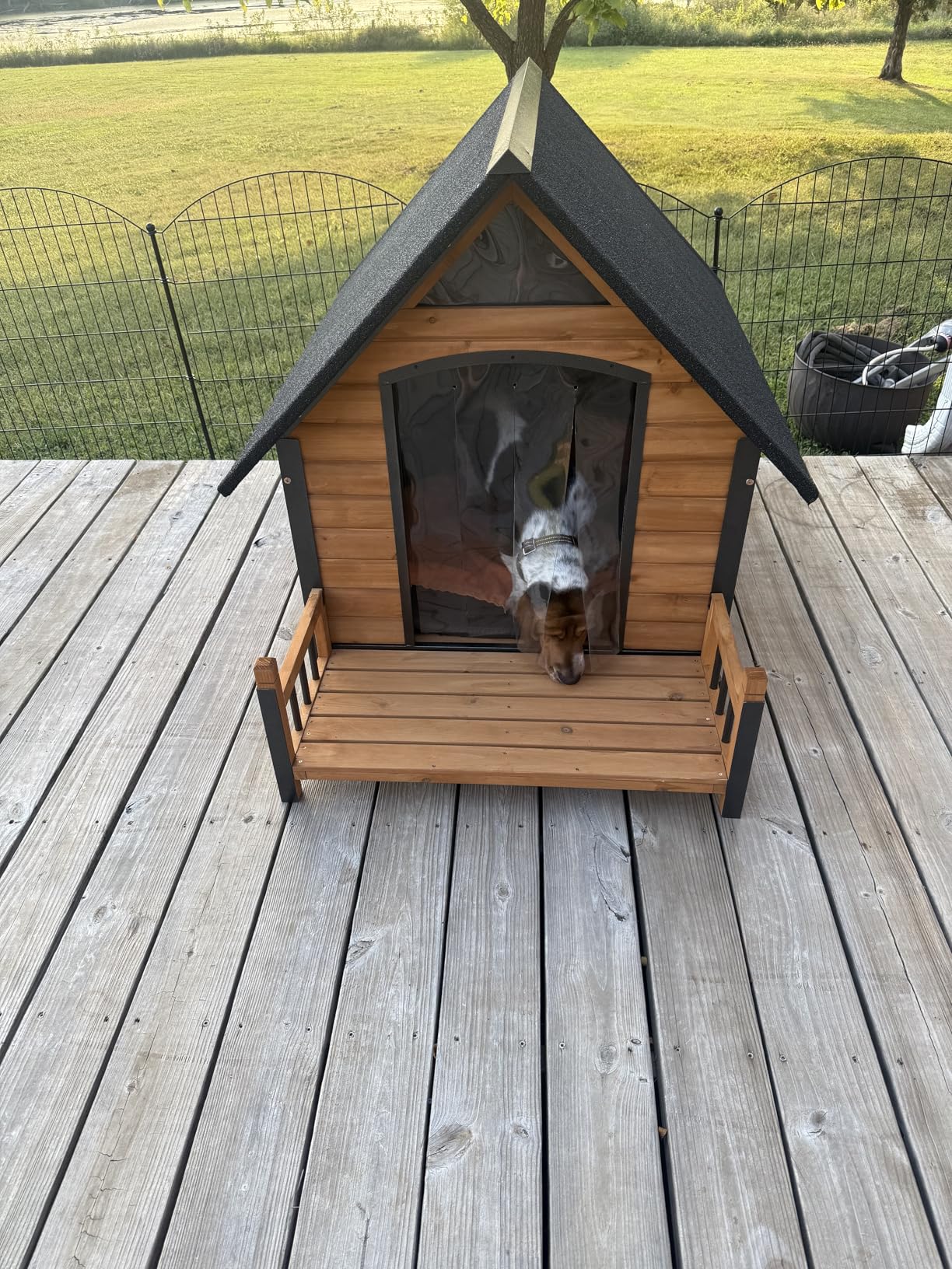 GUTINNEEN Heated Dog House Outdoor with Heating Pad and Insulated Liner, Wooden Dog Kennel with Anti-Chewing Metal Frame, Weatherproof Dog Shelter with Bowls for Outdoor or Indoor Use (Brown) customer photo 1