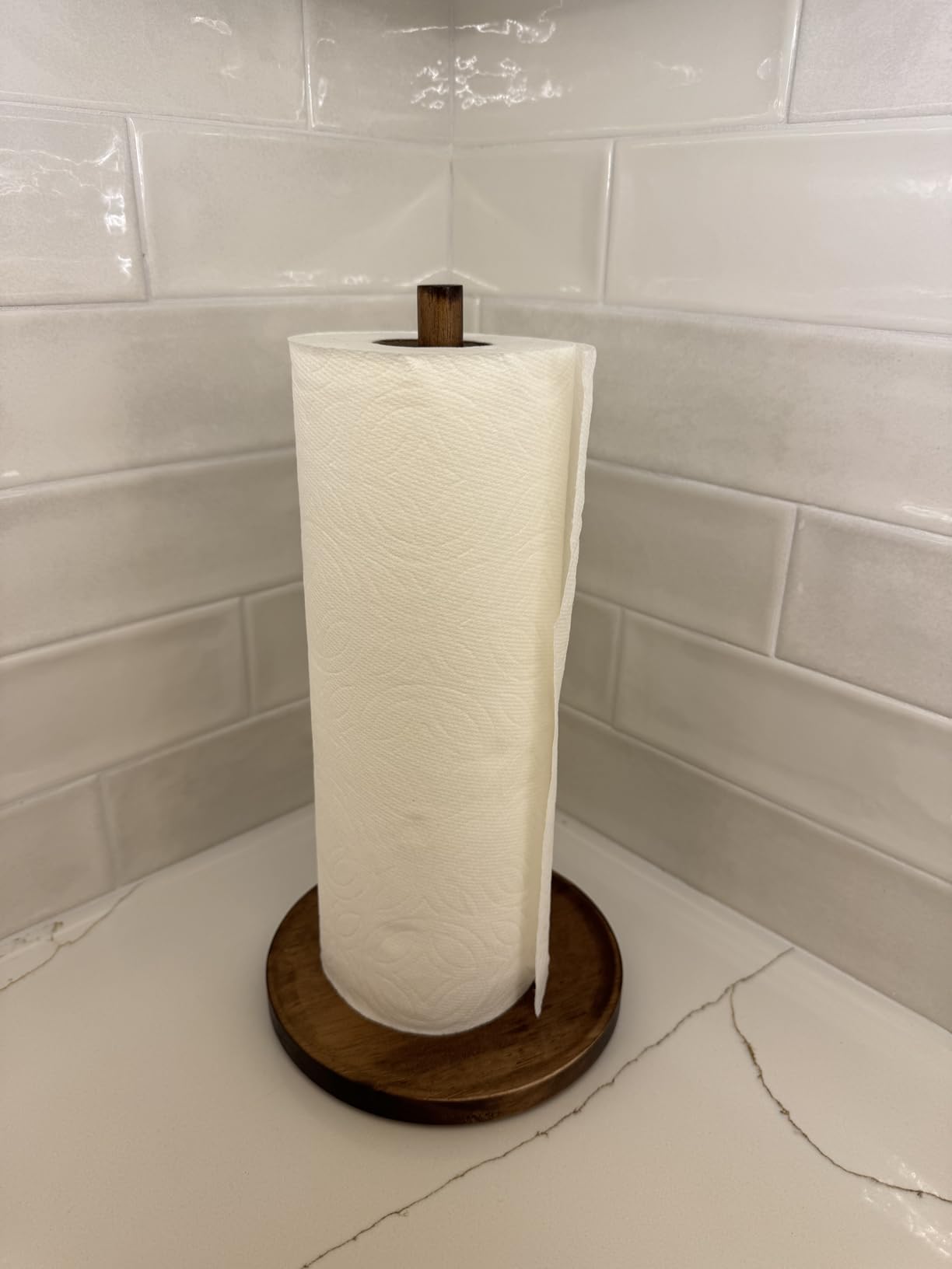 NESAPTO Paper Towel Holder Countertop, Wooden Standing Paper Towel Roll Stand for Rustic Farmhouse & Cottagecore Decor, Kitchen Bathroom Essential, Brown customer photo 2