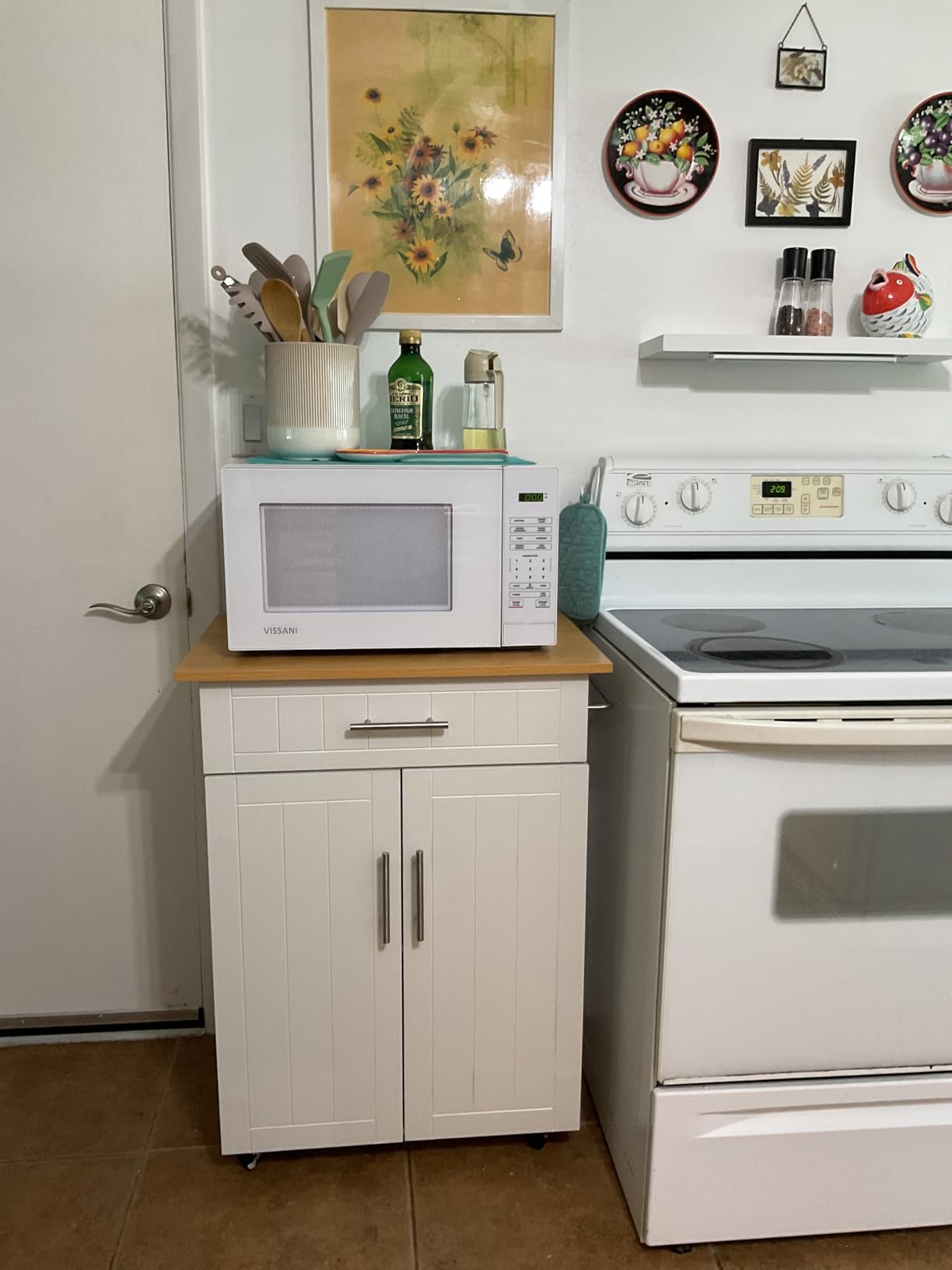 Shintenchi Kitchen Island cart with Storage, Portable Bar Cabinet on Wheels, Rolling Microwave Cart Side Table with Workstation for Kitchen, Dining Room, White customer photo 2