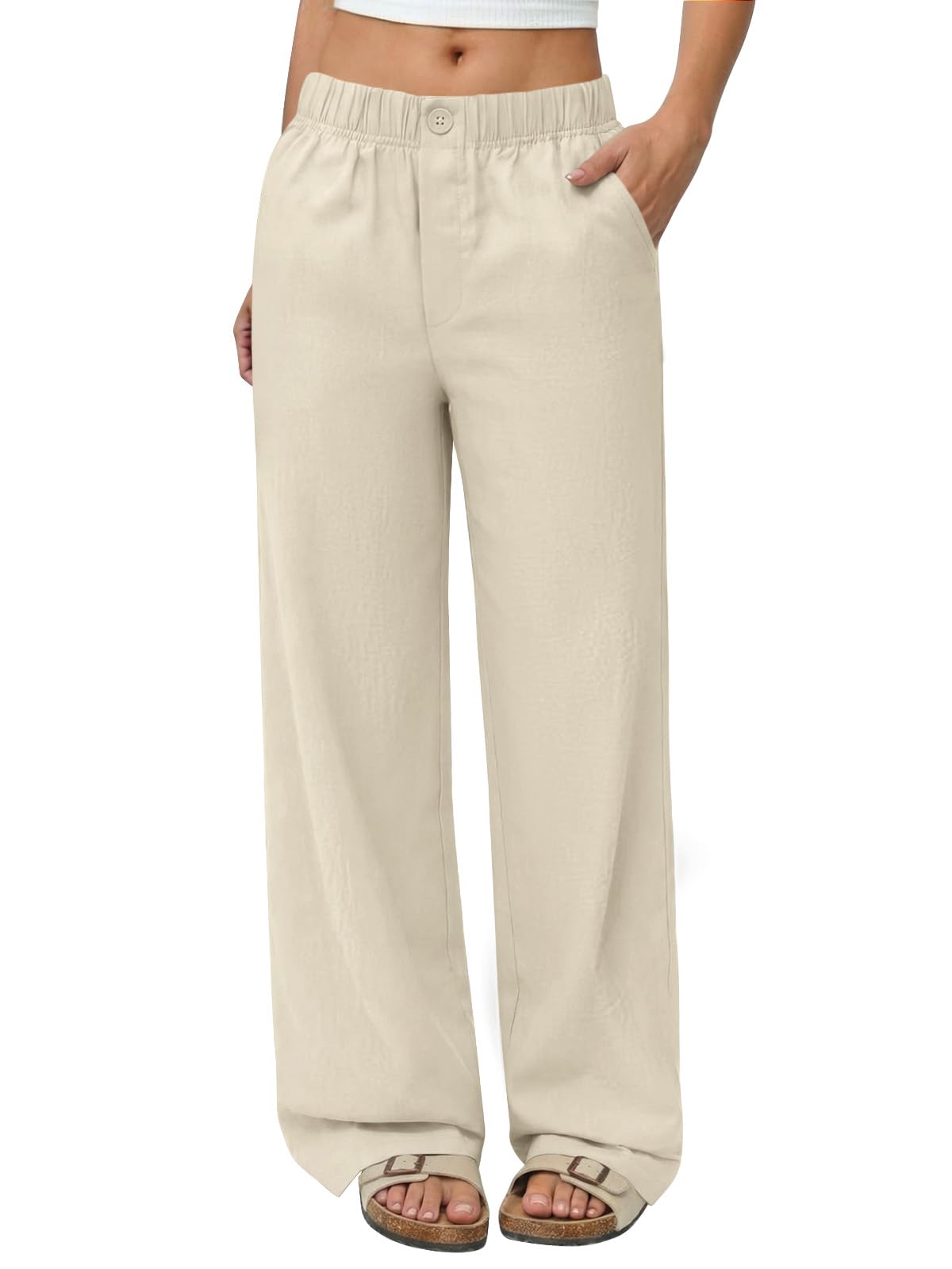 Linen Pants Women Wide Leg Elastic Waist Flowy Palazzo Casual Pants with Pockets Beach Travel Trousers customer photo 2