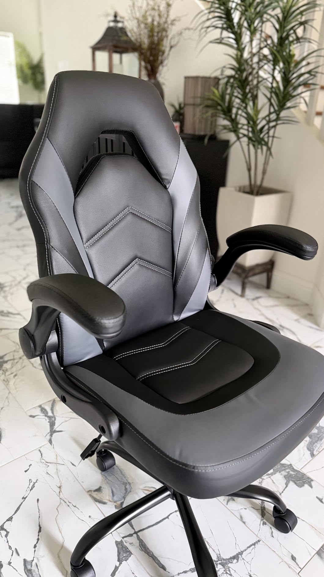 Sweetcrispy Computer Gaming Desk Chair - Big Tall Ergonomic Lumbar Support with Flip-up Armrest and 360° Swivel Wheels, PU Leather Height Adjustable, for Home and Office, Black customer photo 2