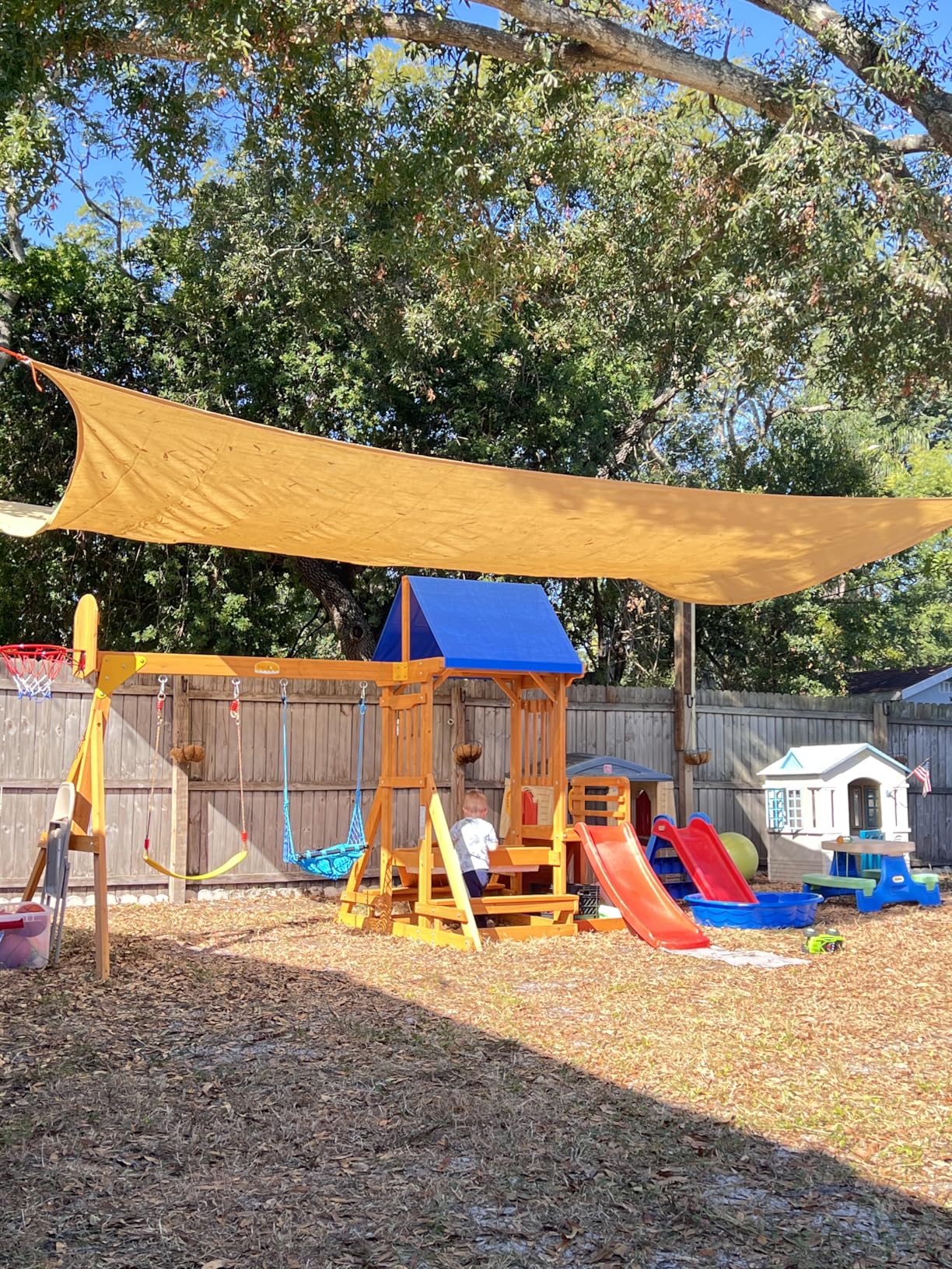 SUNIBOXI Wooden Swing Sets for Backyard, Kids Outdoor Playground Set with Monkey Bars, Wave Slide, 2 Belt Swings, Climbing Ladder, Rock Wall, Play Deck with Canopy Roof for Ages 3-6 customer photo 1