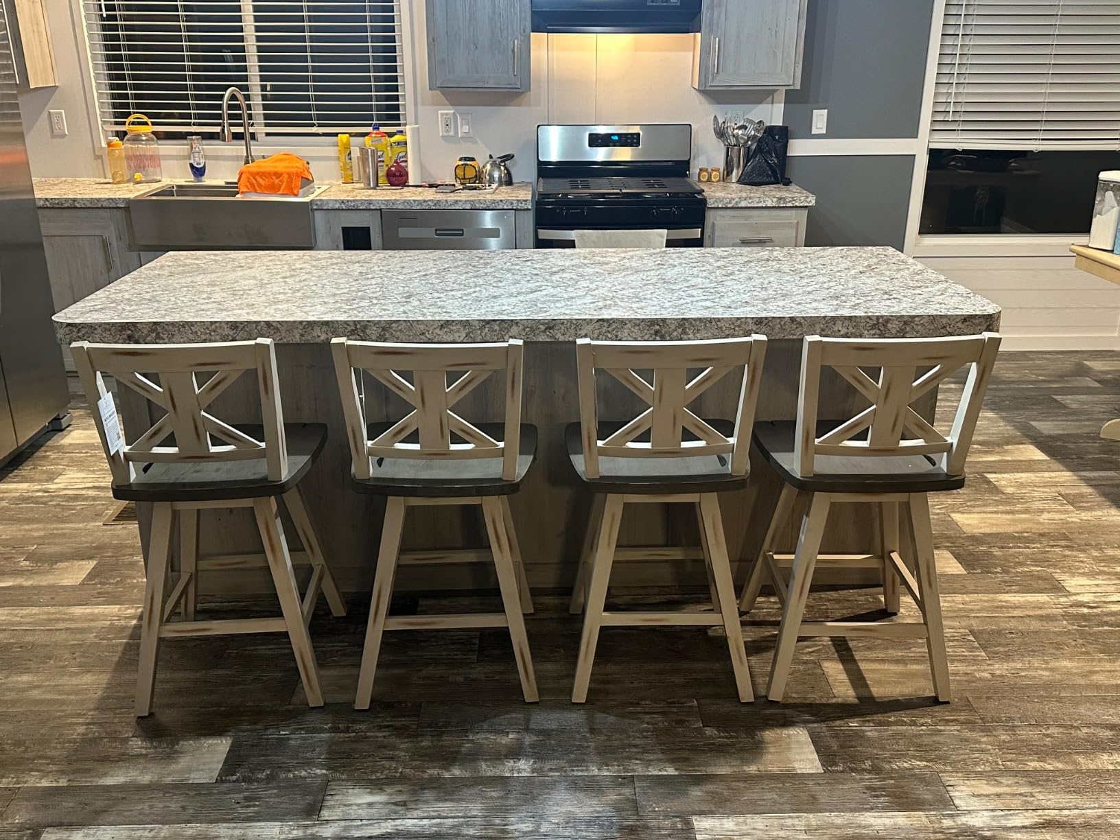 Lexicon Counter Height Stools Set of 2-Solid Wood Frame 360 Degree Swivel Wooden Stools, Foot Rest, X Back, Wide Seat, Distressed Farmhouse Easy to Clean Finish, 24