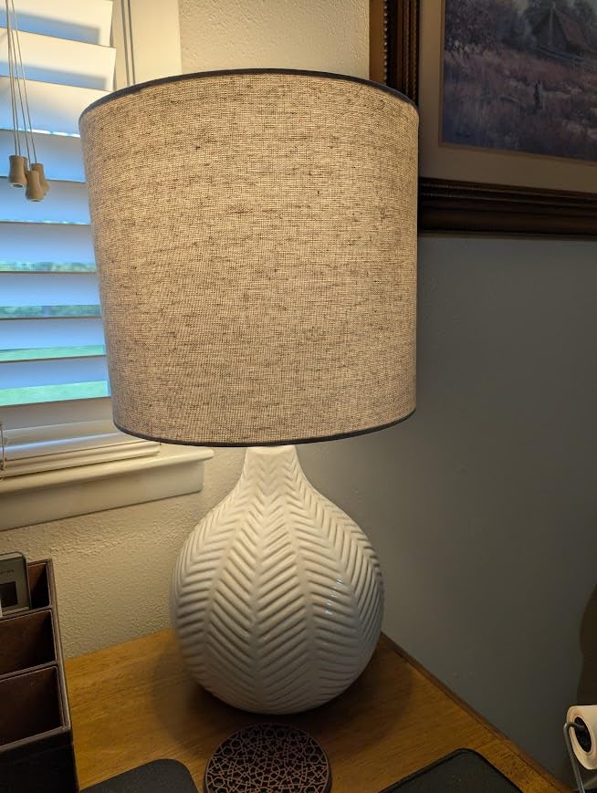 Signature Design by Ashley Rainermen Casual Ceramic Table Lamp, Transparent White Glaze Finish, Drum Hardback Fabric Shade, 11