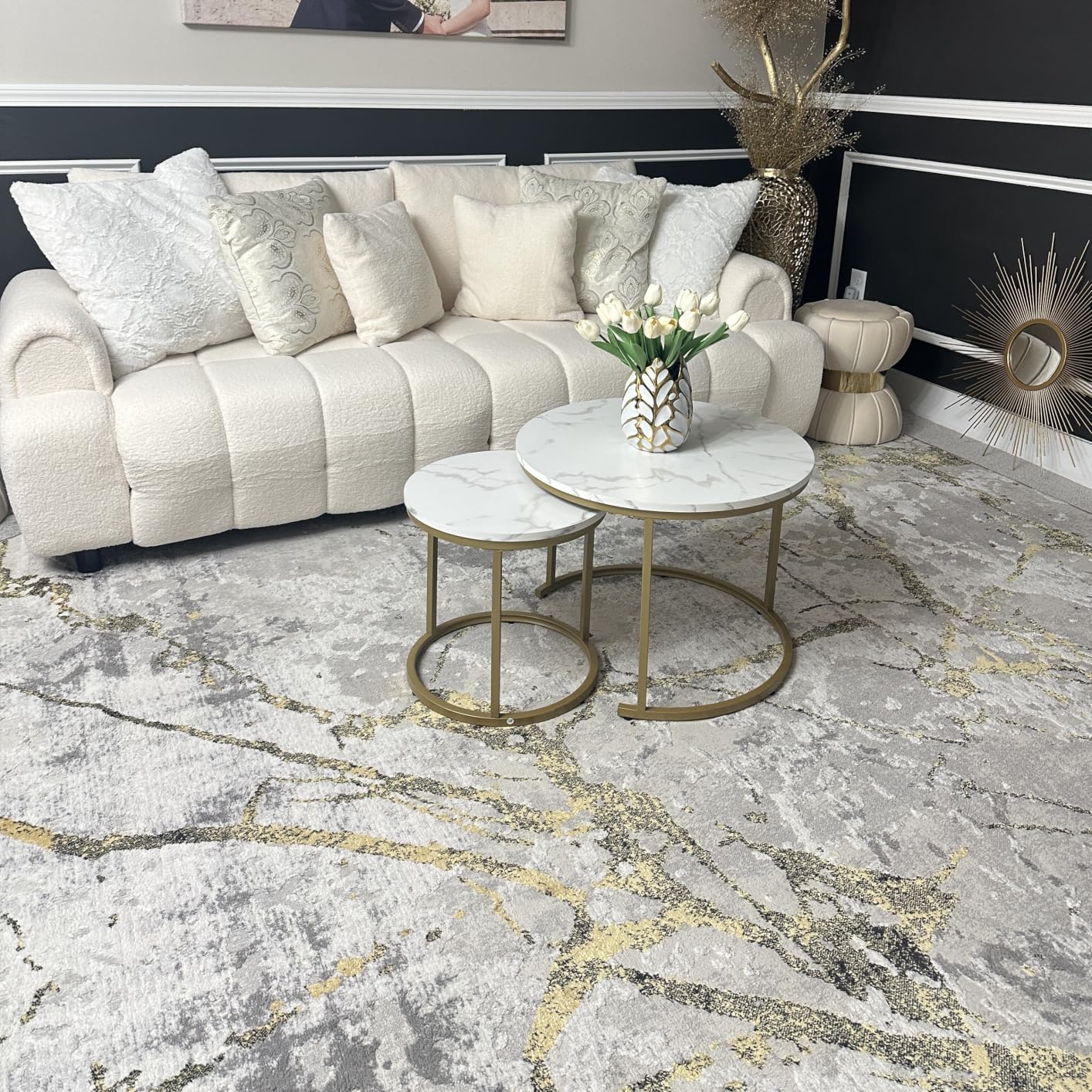 aboxoo Coffee Table Nesting White Set of 2 Side Set Golden Frame Circular Round and Marble Pattern Wooden Tables, Living Room Bedroom Apartment Modern Industrial Simple Nightstand customer photo 2
