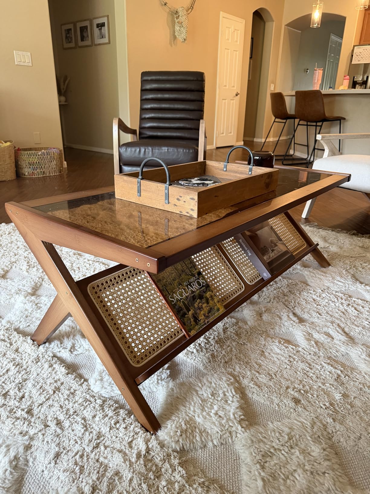 Bamworld Rattan Coffee Table with Glass Top Mid-Century Modern Center Table with Storage for Living Room, Brown customer photo 1