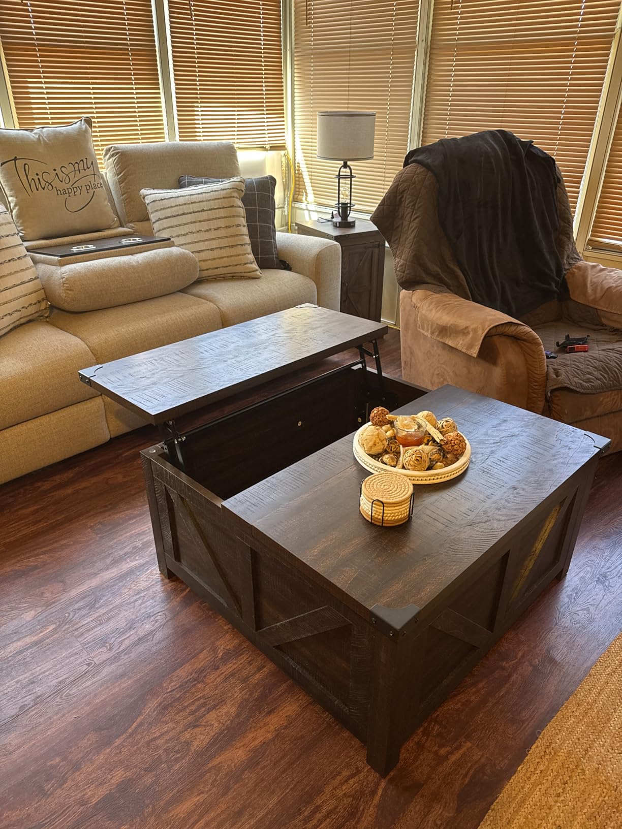 jimeimen Farmhouse Lift Top Coffee Table with Storage, Wood Square Center Table with Charging Station&USB Port, Living Room Table w/Large Hidden Space, for Living Room, Bedroom, Home Office, Brown customer photo 2