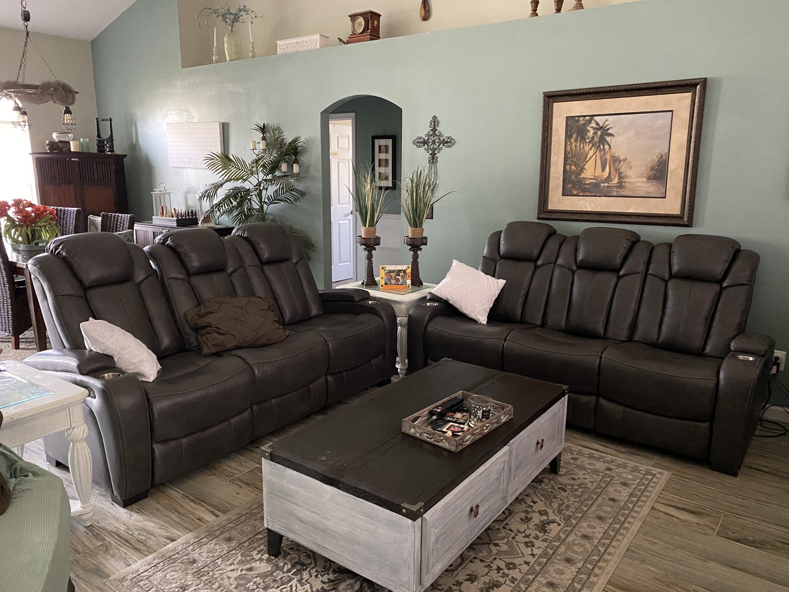 Signature Design by Ashley Wolfridge Contemporary Faux Leather Power Reclining Sofa with Drop Down Table, LED Lights, Electrical Outlet, Wireless Charging, USB Ports and Cup Holders, Light Brown customer photo 1