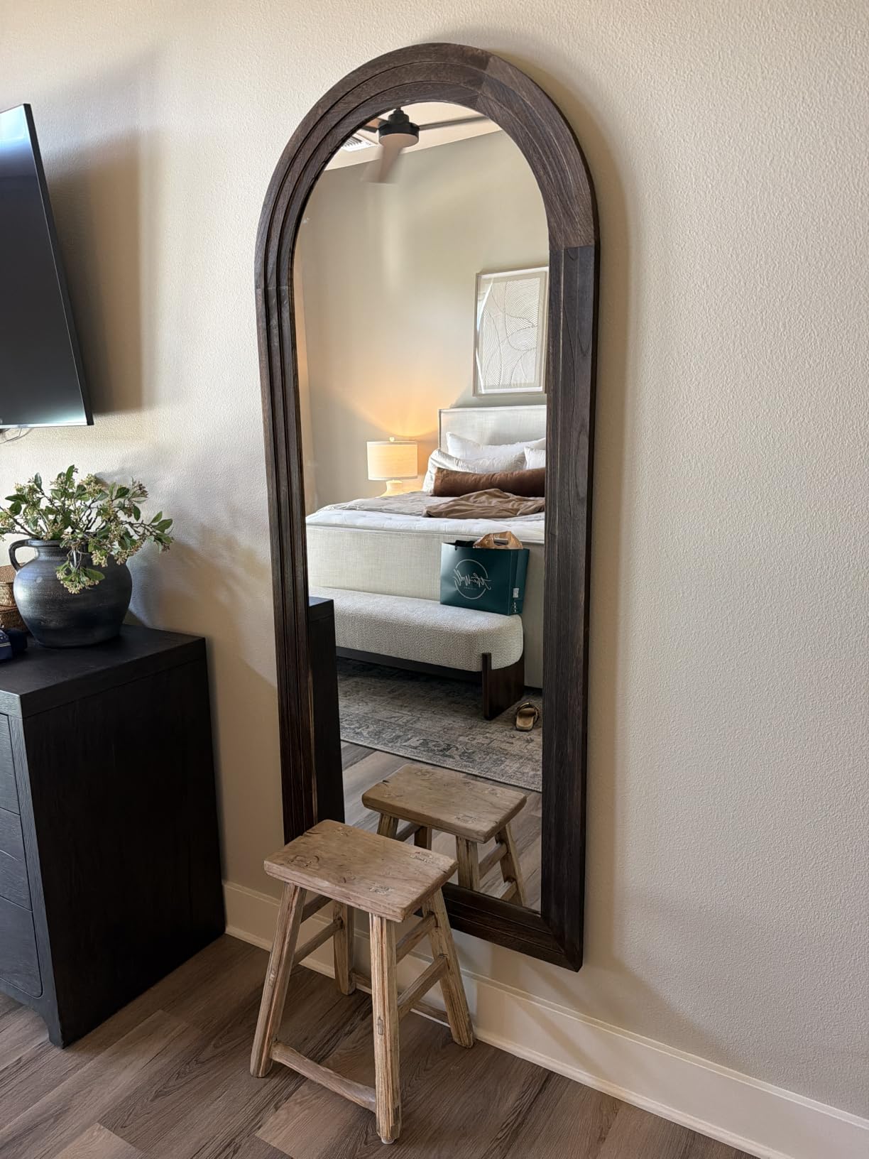 ZHUNFA Arched Full Length Mirror with Solid Wood Frame, 71x32 Farmhouse Floor Mirror (Brown) customer photo 1