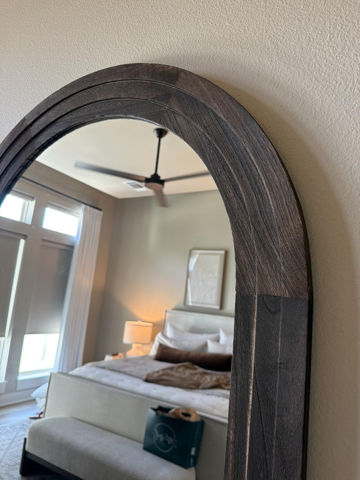 ZHUNFA Arched Full Length Mirror with Solid Wood Frame, 71x32 Farmhouse Floor Mirror (Brown) customer photo 2