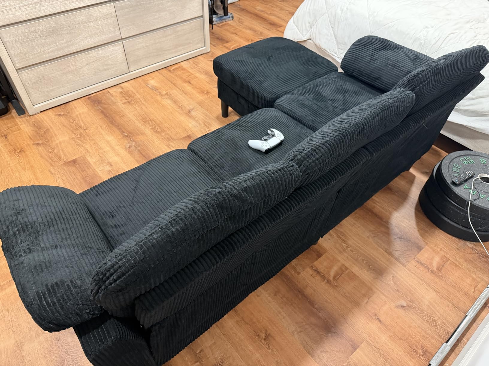 Vongrasig Convertible Sectional Couches, 3 Seat L Shaped Couch Sofa with Removable Pillows Soft Corduroy Fabric Small Couch Mid Century for Living Room, Apartment and Office Black customer photo 2