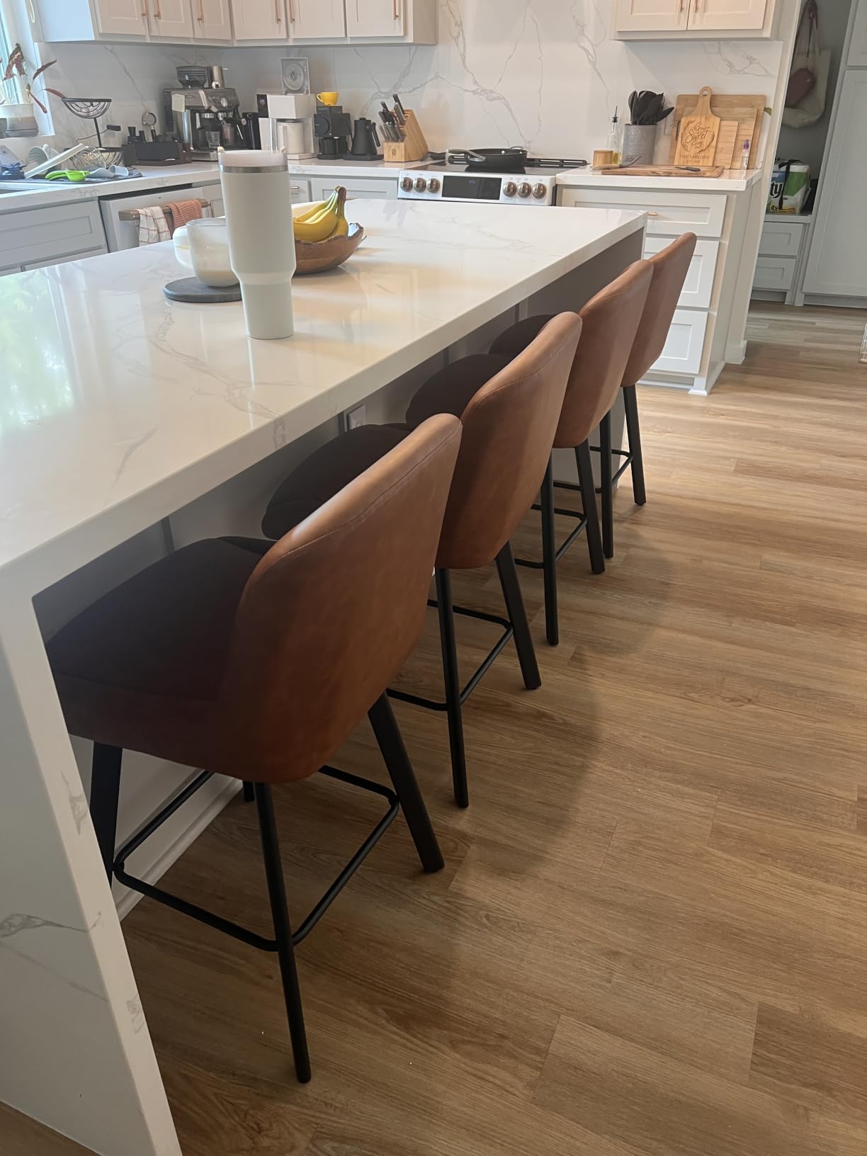 SAECKBERG Swivel Bar Stools Set of 2, 26''H Upholstered Barstools with Backs, Modern Counter Height Bar Stool Chairs for Kitchen Island, Metal Legs, Faux Leather, Brown Counter Stools customer photo 2