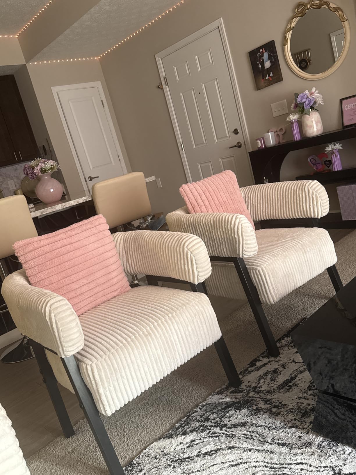Yaheetech Accent Chair Set of 2 with Pocket Coiled Seat, Corduroy Living Room Barrel Chair Comfy Modern Sofa Armchair for Small Space Bedroom Reading, Beige customer photo 2