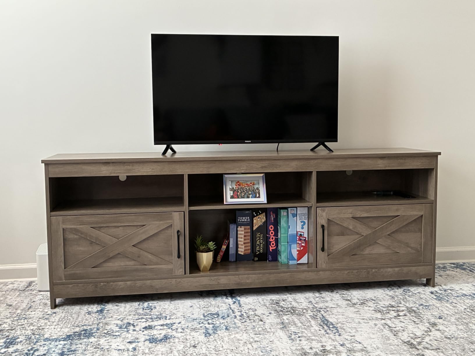 YITAHOME TV Stand for 65 Inch TVs, Entertainment Center with Storage Cabinets, Power Outlet & LED Light, Media TV Console with Barn Doors for Living Room, Black customer photo 1