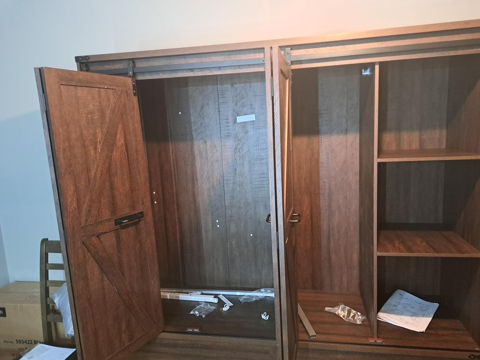 Farmhouse 3 Doors Armoire Wardrobe Closet w/Folding Sliding Barn Door and Lights, LED Armoire Closet w/Drawers for Bedroom, Freestanding Wooden Wardrobe Storage Closets w/Hanging Rod, Rustic Brown customer photo 2