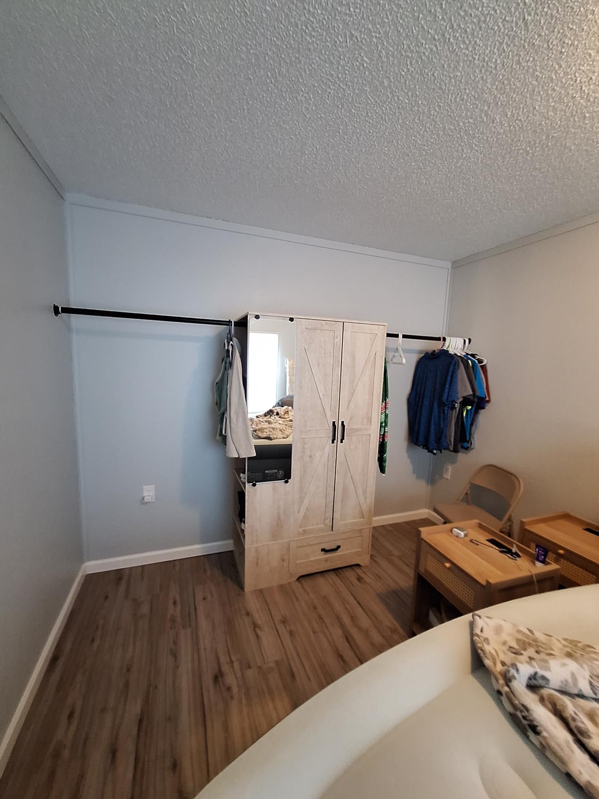 LIKIMIO Armoire Wardrobe Closet 70 Inches, Large Storage with Mirror, 2 Doors, Drawer, and Shelves, Modern Bedroom Freestanding Wooden Wardrobe Combination with Hanging Rail, White customer photo 1