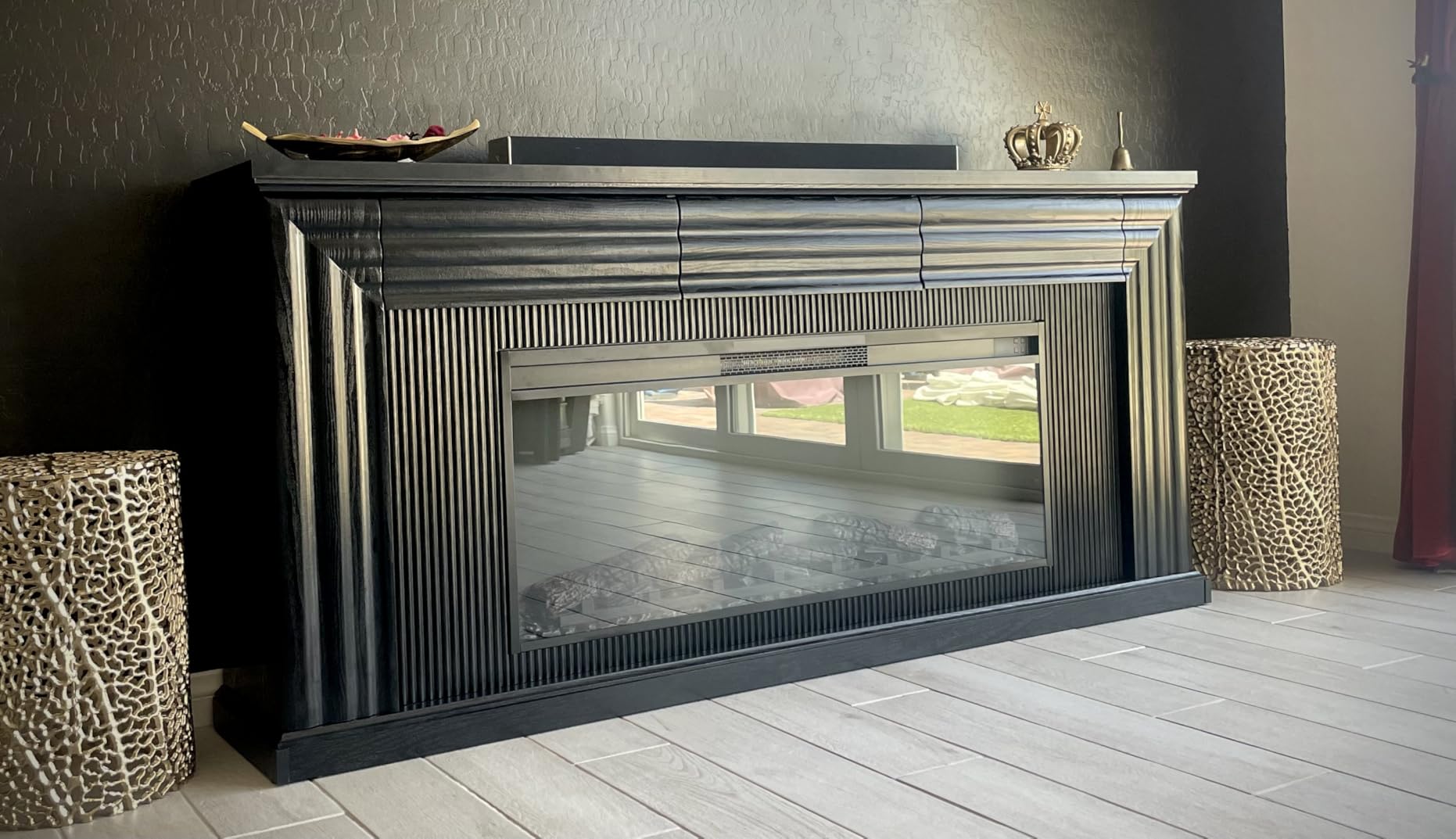 PRAISUN 70'' Fireplace TV Stand with 42'' Electric Fireplace, Farmhouse TV Stand for 65 75 Inch TV, Entertainment Center TV Console with 3 Drawers, Fluted Design, for Living Room, Distressed White customer photo 1