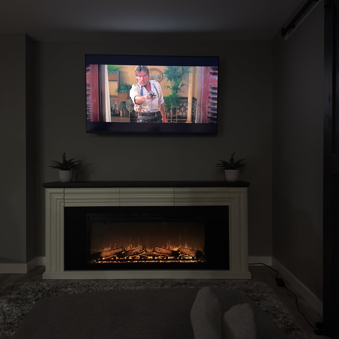 PRAISUN 70'' Fireplace TV Stand with 42'' Electric Fireplace, Farmhouse TV Stand for 65 75 Inch TV, Entertainment Center TV Console with 3 Drawers, Fluted Design, for Living Room, Distressed White customer photo 2