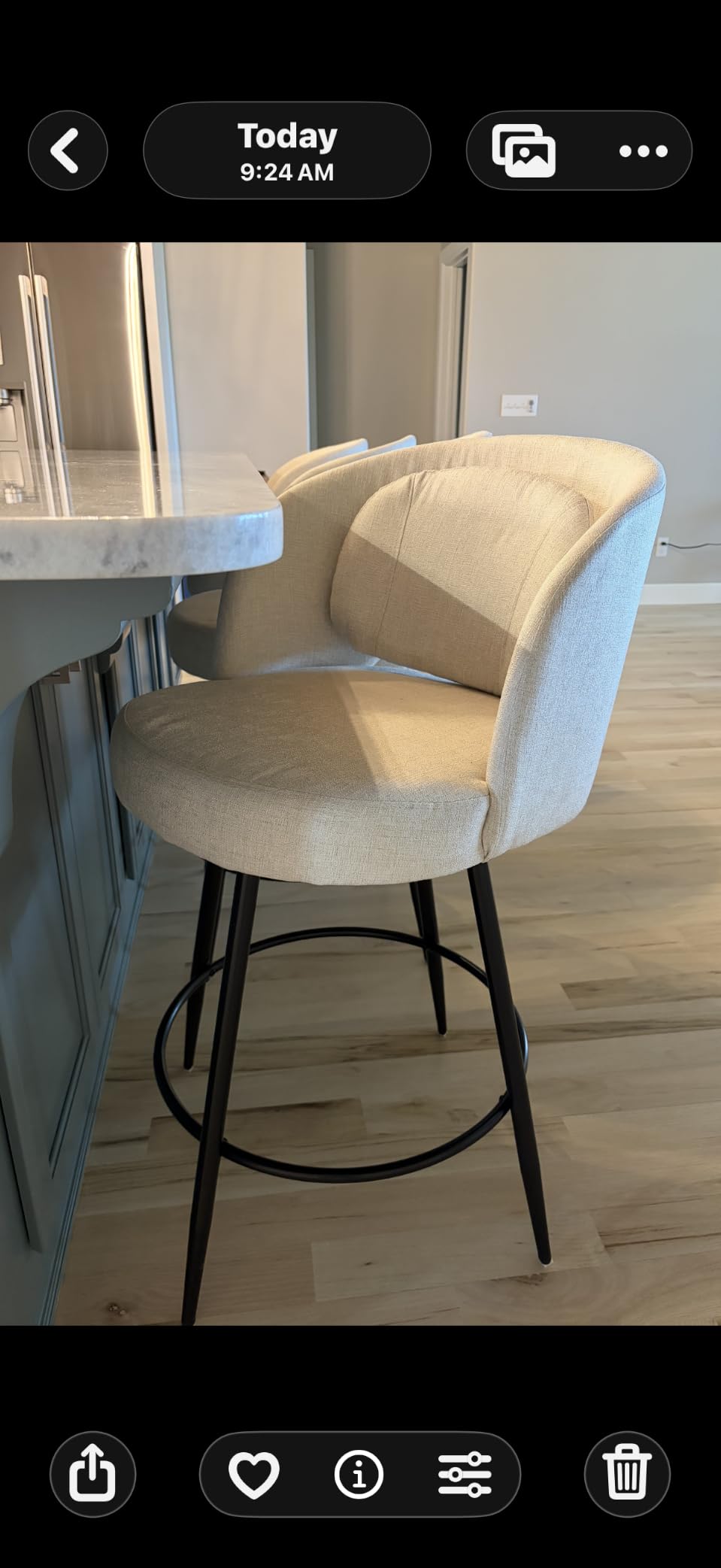 LUE BONA 26''H Swivel Bar Stools Set of 3, Counter Height Bar Stools with Backs, Lumbar Pillow and Black Metal Frames, Upholstered Modern Barstools for Kitchen Island, Linen Fabric, Linen Color customer photo 2