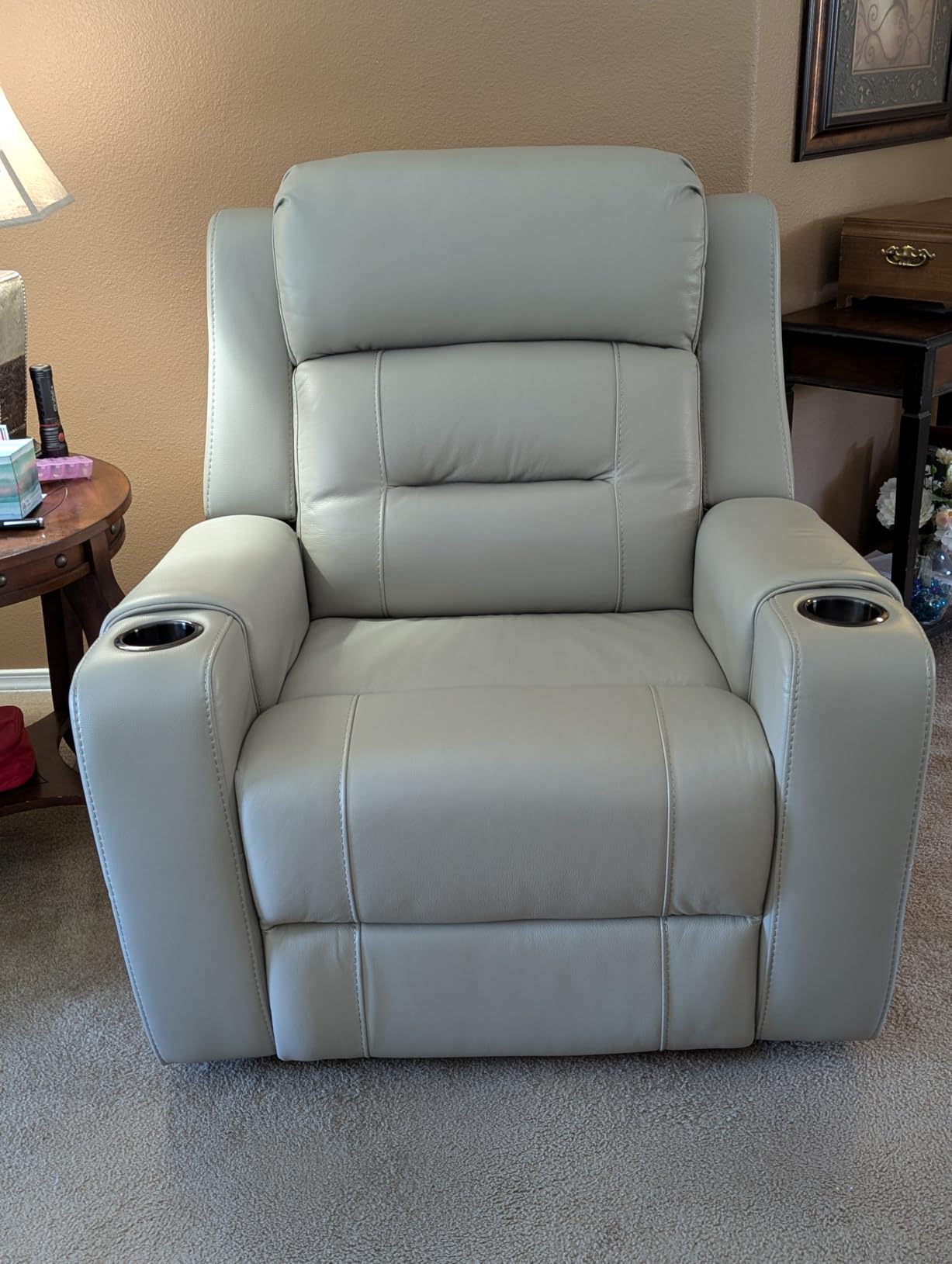 Watson & Whitely Oversized Genuine Leather Power Recliner Chairs for Big and Tall, Extra Wide Lay Flat Recliner with Power Headrest & Cup Holders, Electric Reclining Sofa for Living Room, Dark Brown customer photo 2