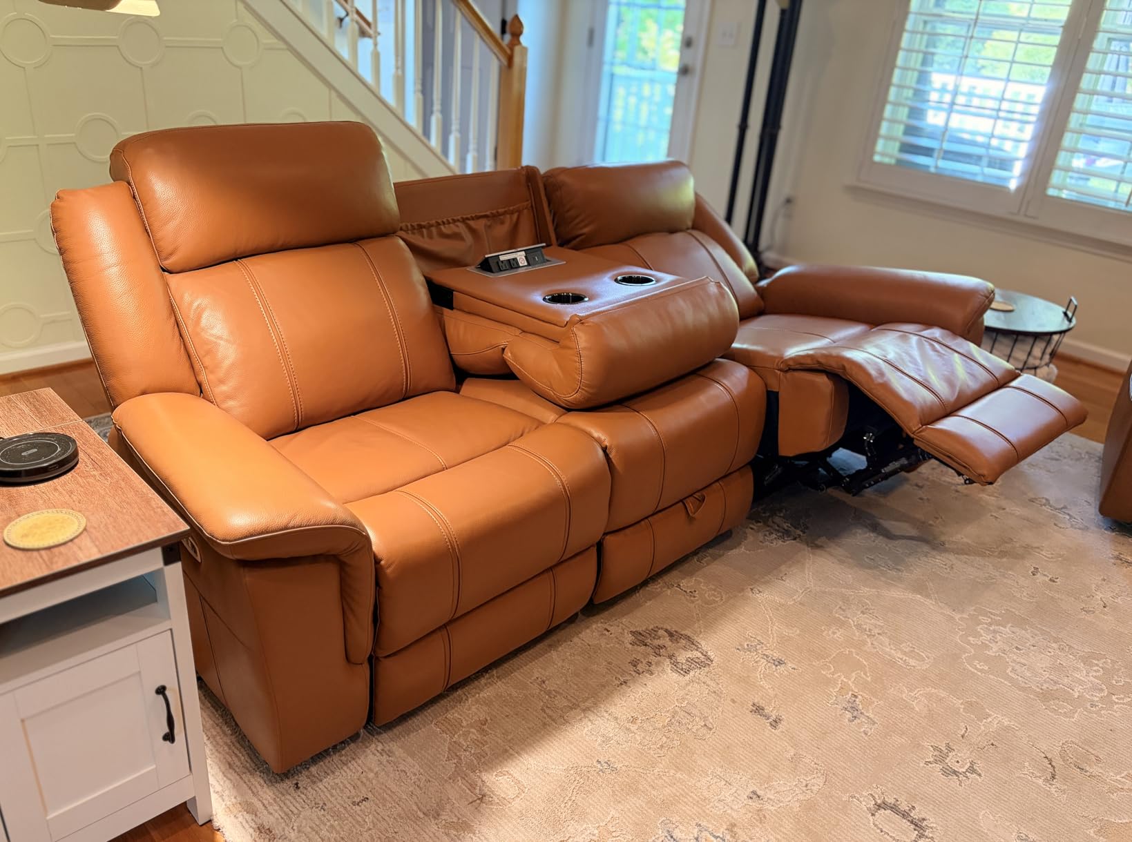 CHITA Genuine Leather Power Recliner Sofa, Wall Hugger Reclining Sofa with Drop Down Table, Power Headrest, Drawers, Charging Ports, Dark Brown customer photo 2