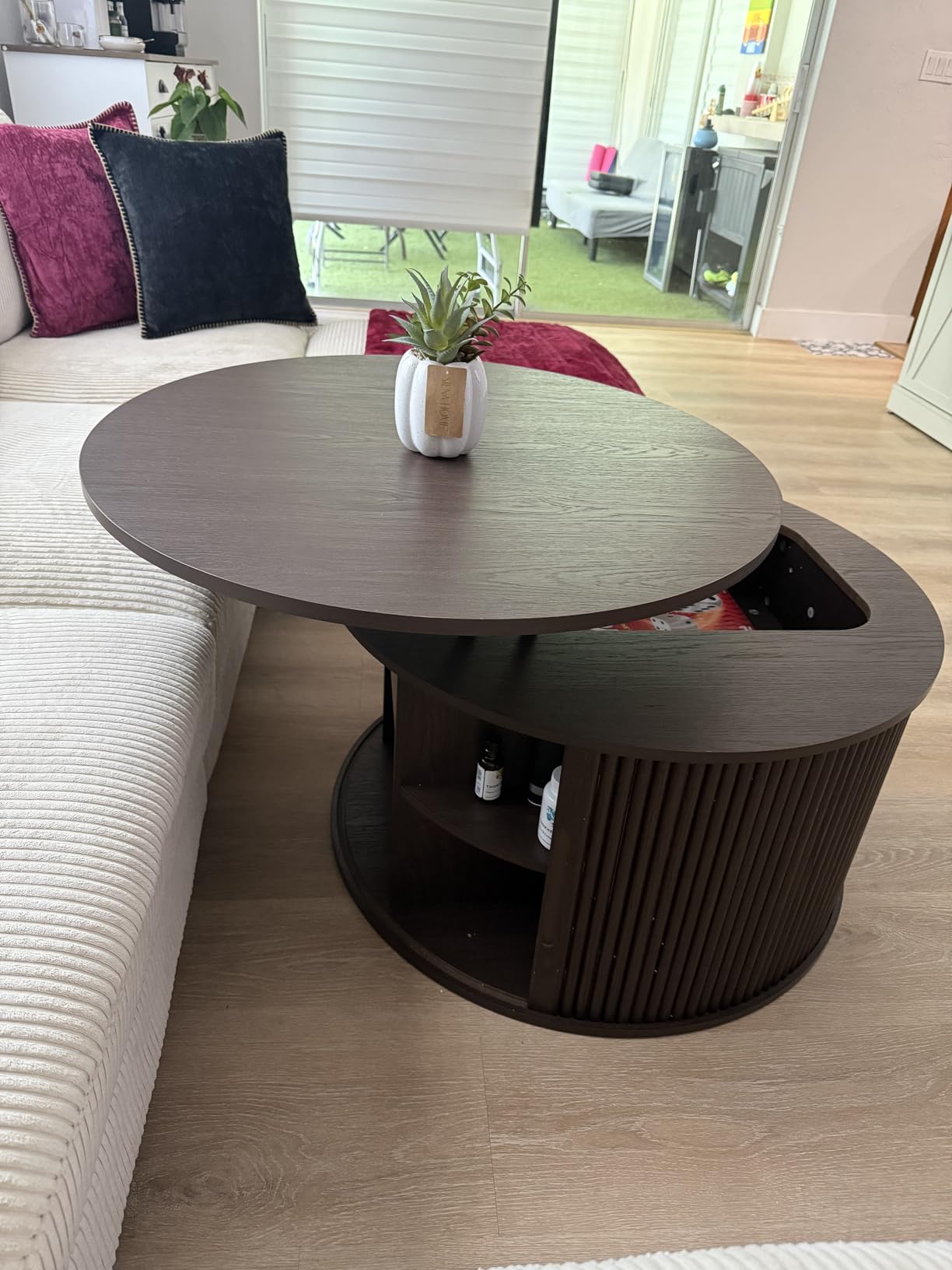 LINSY Lift Top Coffee Table, Oval Fluted Coffee Table with Storage, Mid Century Modern Wooden Coffee Tables with Sliding Tambour Door, 39