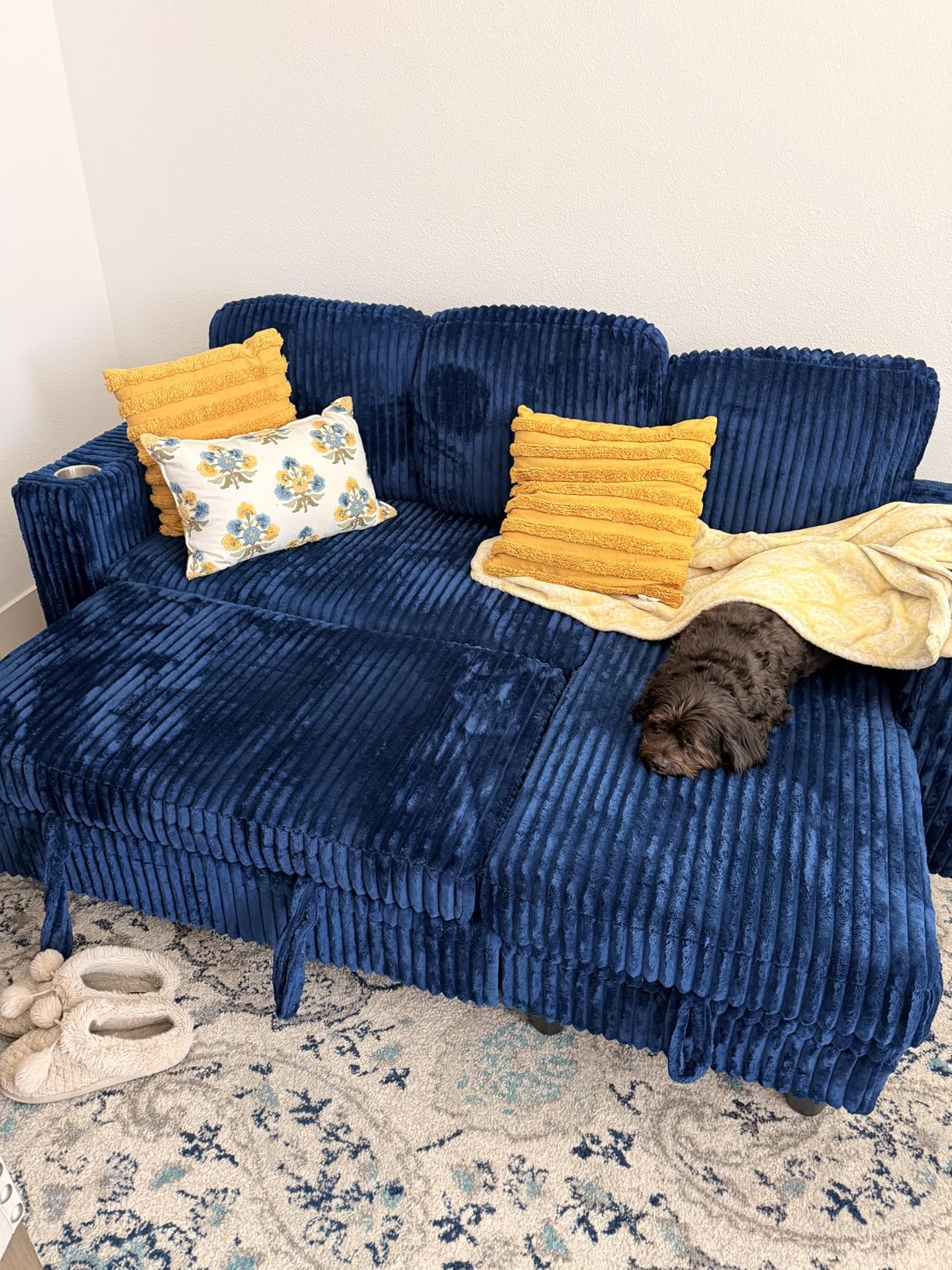 LINSY HOME Sectional Sleeper Sofa Pull Out Couches for Living Room, Pull Out Sofa Bed, Storage, USB Charging, Cup Holders, Plush Corduroy, Green customer photo 1