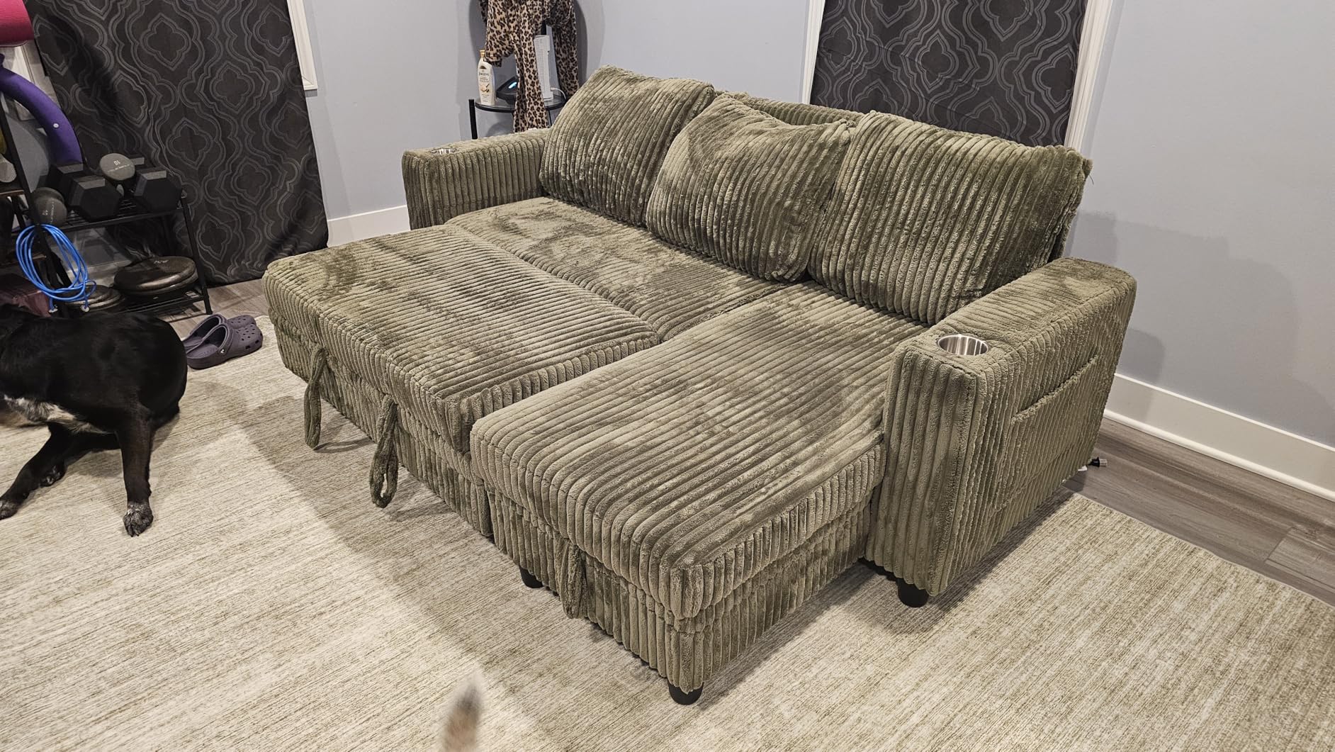 LINSY HOME Sectional Sleeper Sofa Pull Out Couches for Living Room, Pull Out Sofa Bed, Storage, USB Charging, Cup Holders, Plush Corduroy, Green customer photo 2
